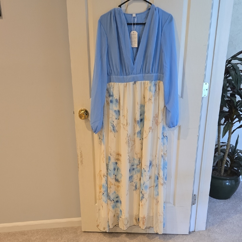 Blue and White Maxi Dress with Plunge Neckline and Bishop Sleeves